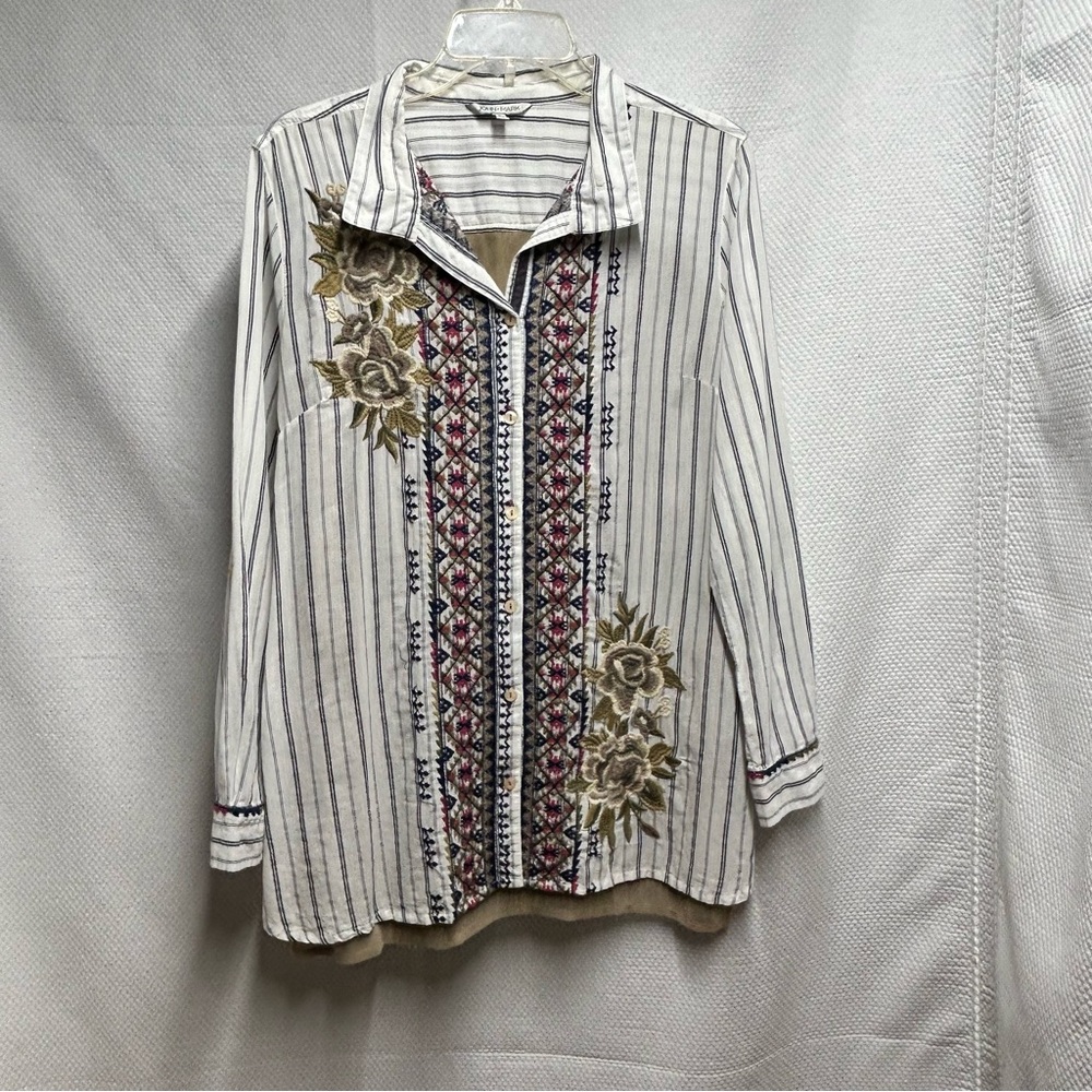 John Mark Striped Button Down Shirt with Floral Embroidery